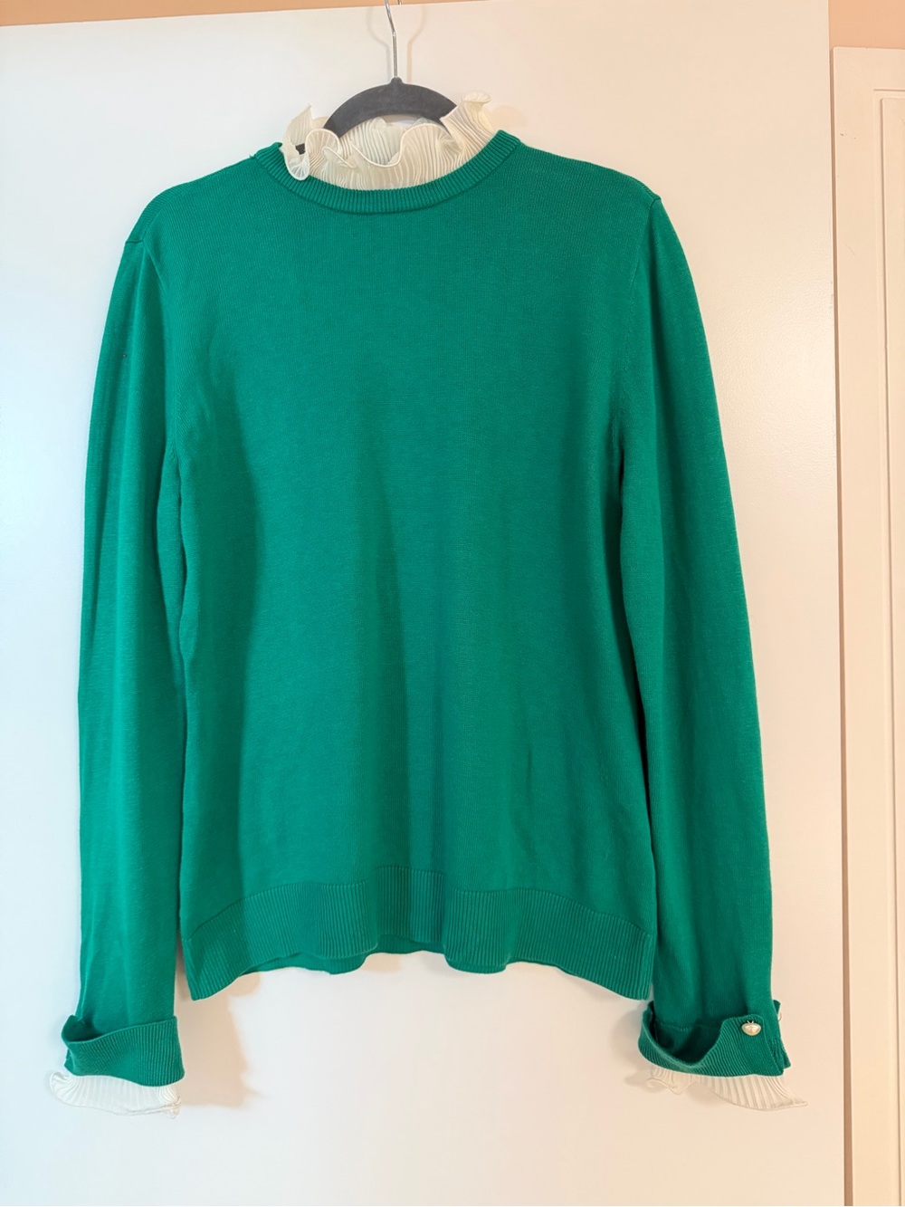 CeCe Emerald Green Crewneck Sweater with Ruffle Trim